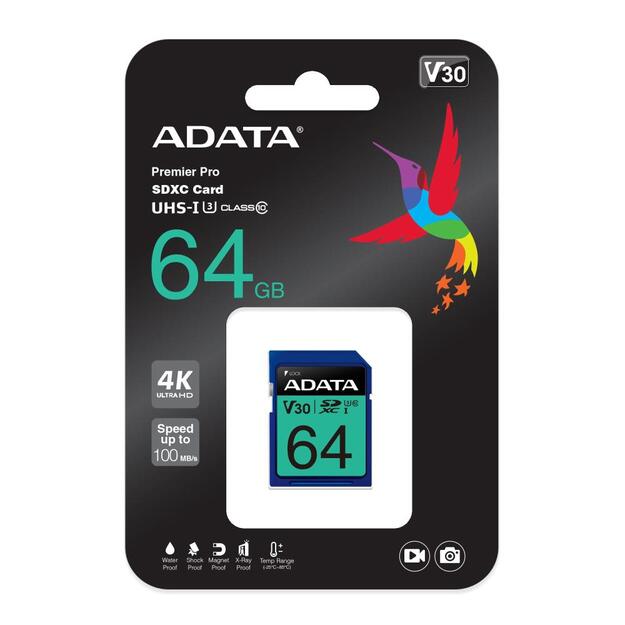 Atminties kortelė ADATA 64GB SDXC UHS-I U3 V30S 95MB/60MB