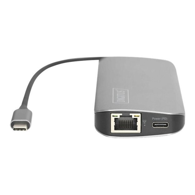 DIGITUS DA-70884 8-Port USB-C Dock 2xUSB3.0 1xRJ45 2xHDMI 1xPD 1xMicro SD 1xSD grey