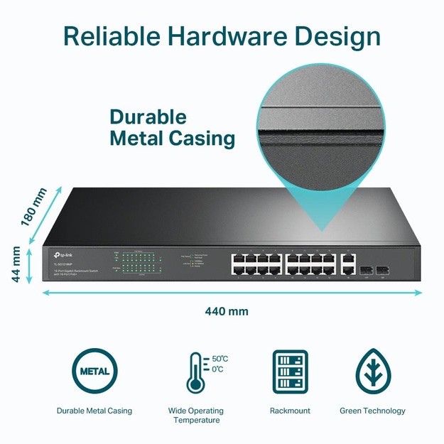 Komutatorius TP-LINK TL-SG1218MP Desktop Rack 16x10Base-T 100Base-TX 1000Base-T PoE+ ports 16 250W 