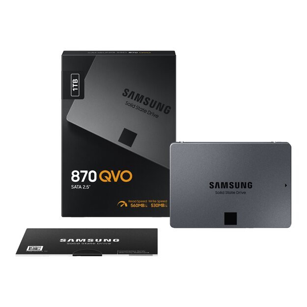 Kietasis diskas (SSD) vidinis SSD|SAMSUNG|870 QVO|1TB|Write speed 530 MBytes/sec|Read speed 560 MBytes/sec|2,5 |TBW 360 TB|MTBF 1500000 hours|MZ-77Q1T0BW