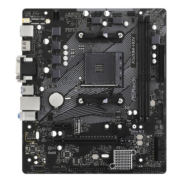 Pagrindinė plokštė |ASROCK|AMD A520|SAM4|MicroATX|1xPCI-Express 3.0 1x|1xPCI-Express 3.0 16x|1xM.2|Memory DDR4|Memory slots 2|1x15pin D-sub|1xDVI|1xHDMI|2xAudio-In|1xAudio-Out|2xUSB 2.0|4xUSB 3.2|1xPS/2|1xRJ45|A520M-HDV