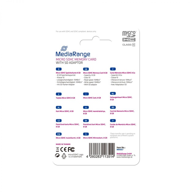 MEMORY MICRO SDHC 8GB C10/W/ADAPTER MR957 MEDIARANGE