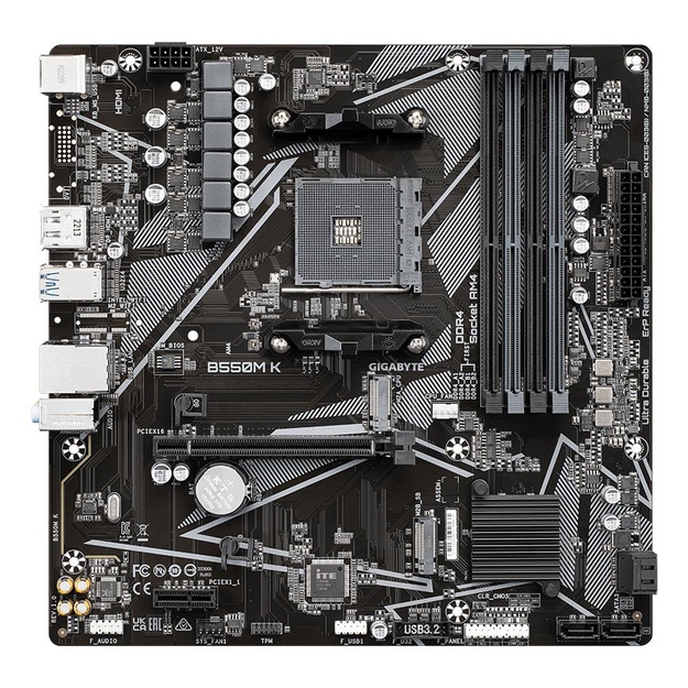 Mainboard|GIGABYTE|AMD B550|SAM4|Micro-ATX|Memory DDR4|Memory slots 4|1xPCI-Express 3.0 1x|1xPCI-Express 4.0 16x|2xM.2|1xHDMI|1xDisplayPort|2xAudio-In|1xAudio-Out|4xUSB 2.0|4xUSB 3.2|1xPS/2|1xRJ45|B550MK