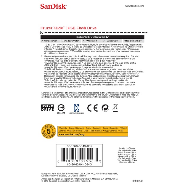 MEMORY DRIVE FLASH USB2 64GB/SDCZ60-064G-B35 SANDISK