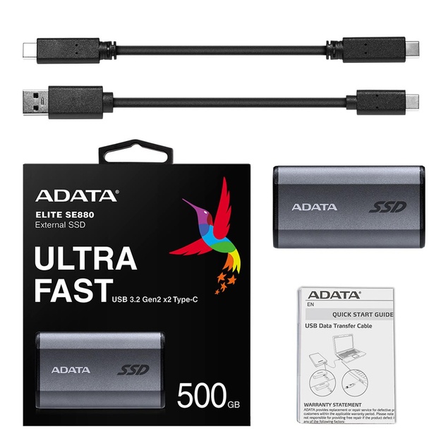 External SSD|ADATA|SE880|500GB|USB-C|Write speed 2000 MBytes/sec|Read speed 2000 MBytes/sec|AELI-SE880-500GCGY