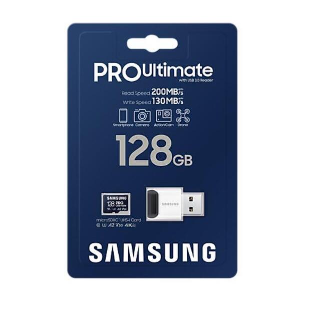 SAMSUNG Pro Ultimate microSD 128GB Memory Card UHS-I U3 FHD 4K UHD 200MB/s Read 130 MB/s Write for Smartphone Drone Incl USB-Reader