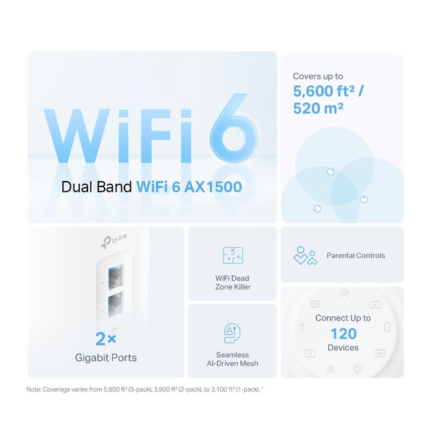 Namų bevielio Mesh tinklo sistema TP-LINK 1500Mbps Wi-Fi 6 1x10/100/1000M 1x2.5GbE DHCP DECOX10(3-PACK)