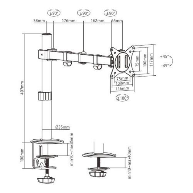 GEMBIRD MA-D1-01 Adjustable desk display mounting arm -rotate tilt swivel- 17-32inch up to 9 kg