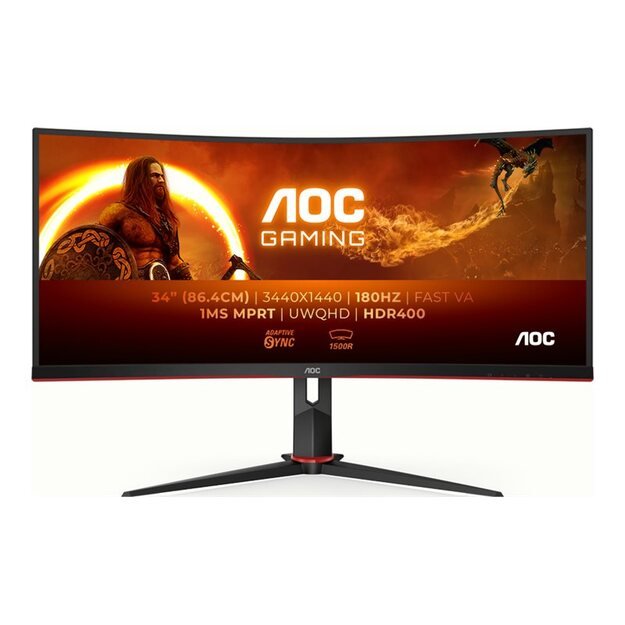 AOC CU34G2XP/BK 34inch 3440x1440 VA 180hz High adjustable Stand HDR400 Freesync Premium USB HUB 4x3.0 2xDP 2xHDMI