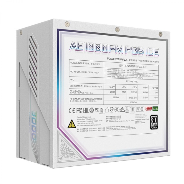 Power Supply|GIGABYTE|GP-AE1000PM PG5 ICE|1000 Watts|Efficiency 80 PLUS PLATINIUM|PFC Active|MTBF 100000 hours|GP-AE1000PMPG5ICE