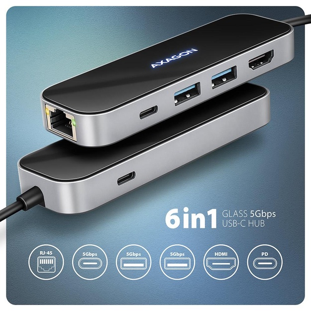 I/O HUB USB-C 6IN1/GLASS 0.2M HMC-6GLN AXAGON