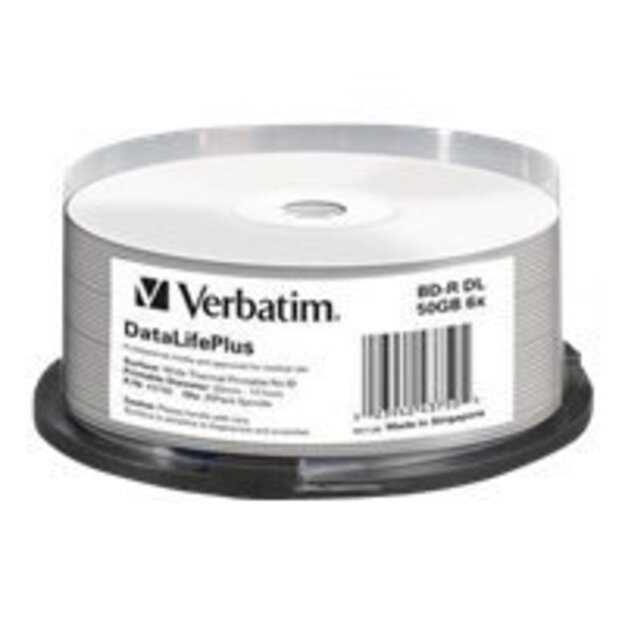 VERBATIM 43750 BluRay BD-R DL Verbatim Spindle 25 50GB 6x WIDE THERMAL PRINT NO ID