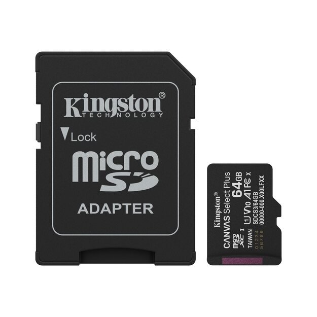 KINGSTON 64GB microSDXC Canvas Select Plus Gen3 100MB/s A1 Card + Adapter