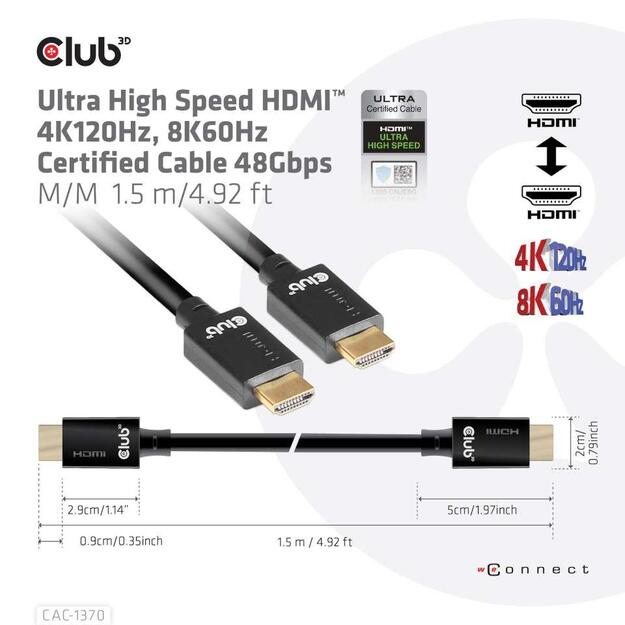 CABLE HDMI TO HDMI 1.5M/M/M CAC-1370 CLUB3D 1