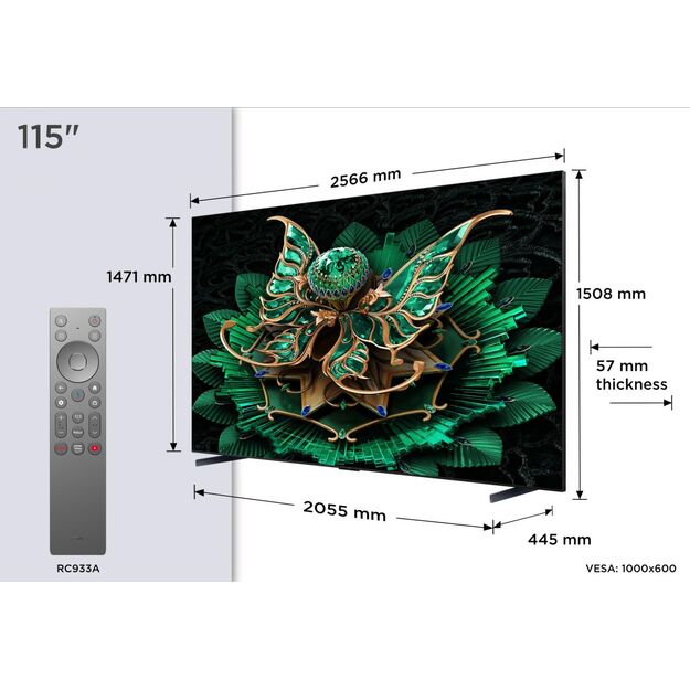 TV Set|TCL|115  |4K Ultra HD|3840 x 2160 pixels|Flat|16:9|QD-Mini LED|115C7K 3