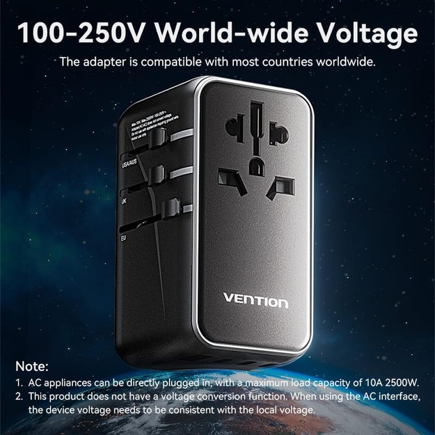 POWER ADAPTER TRAVEL 4PORT/BLACK FJGB0 VENTION