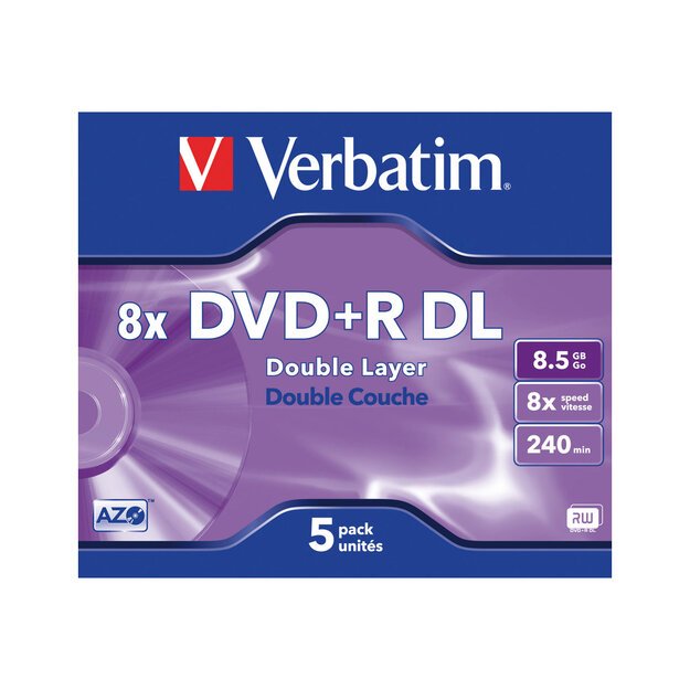 VERBATIM dual layer DVD+R 240 min. / 9.4GB 8x 5-pack jewelcase scratch resistant surface