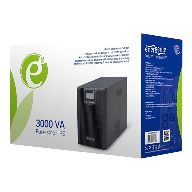 Nepertraukiamo maitinimo šaltinis UPS GEMBIRD EG-UPS-PS3000-01 UPS Energenie by Gembird 3000VA, Pure sine, 4x IEC 230V OUT, USB-BF, LCD