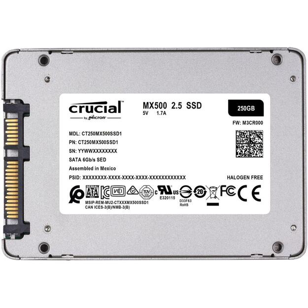 Kietasis diskas (SSD) vidinis SSD|CRUCIAL|MX500|250GB|SATA 3.0|TLC|Write speed 510 MBytes/sec|Read speed 560 MBytes/sec|2,5 |MTBF 1800000 hours|CT250MX500SSD1