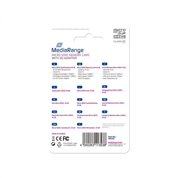 MEMORY MICRO SDHC 16GB C10/W/ADAPTER MR958 MEDIARANGE