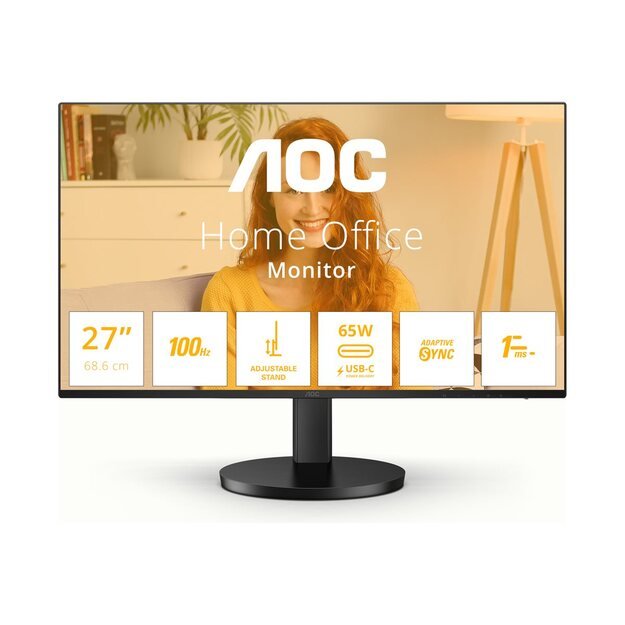 AOC Q27B3CF2 27inch 2560x1440 100Hz IPS Flat H/A 110mm 65W AdaptiveSync USB HUB SPEAKERS Low Blue Mode USB C HDMI 350cd/m2