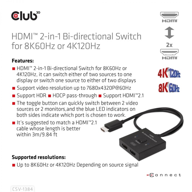VIDEO SWITCH HDMI 2PORT/CSV-1384 CLUB3D