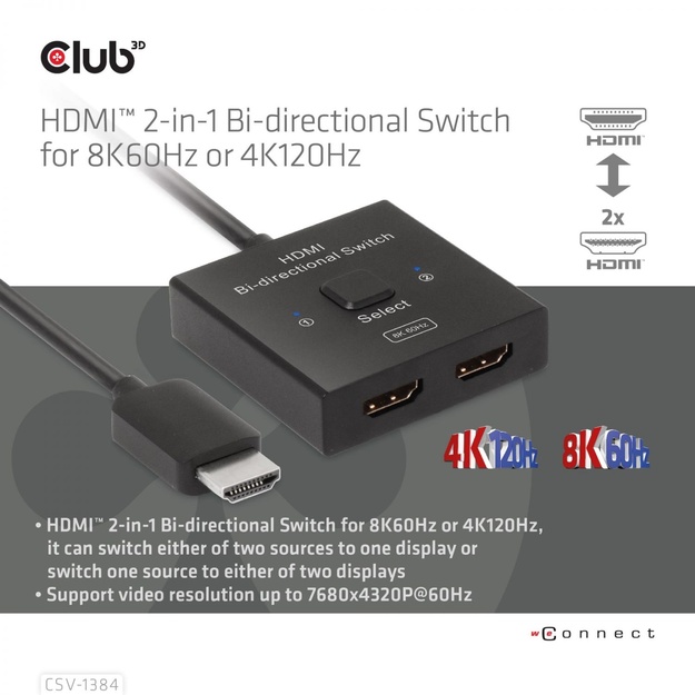 VIDEO SWITCH HDMI 2PORT/CSV-1384 CLUB3D