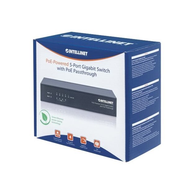 INTELLINET 5-Port PoE+ Gigabit Switch Desktop PoE Passthrough 4xPSE PoE ports 1xPD PoE port IEEE 802.3at/af Power-over-Ethernet