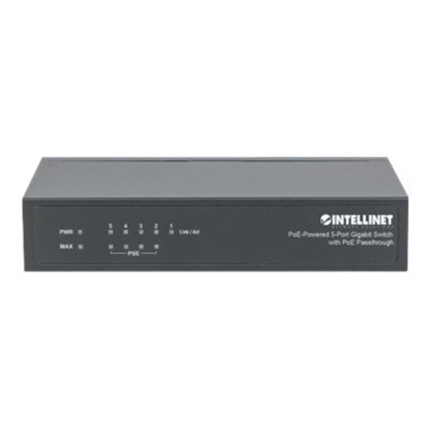 INTELLINET 5-Port PoE+ Gigabit Switch Desktop PoE Passthrough 4xPSE PoE ports 1xPD PoE port IEEE 802.3at/af Power-over-Ethernet