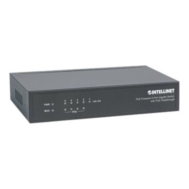 INTELLINET 5-Port PoE+ Gigabit Switch Desktop PoE Passthrough 4xPSE PoE ports 1xPD PoE port IEEE 802.3at/af Power-over-Ethernet