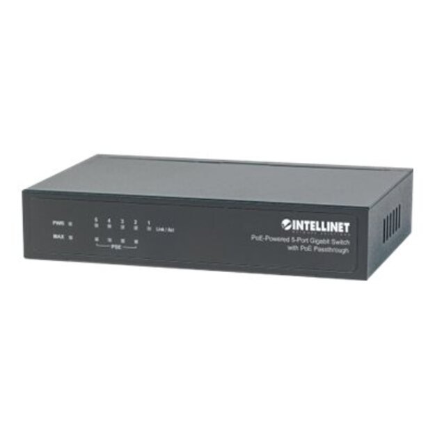 INTELLINET 5-Port PoE+ Gigabit Switch Desktop PoE Passthrough 4xPSE PoE ports 1xPD PoE port IEEE 802.3at/af Power-over-Ethernet