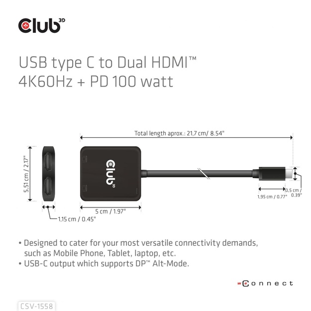 I/O HUB USB-C TO HDMI 2PORT/MST CSV-1558 CLUB3D