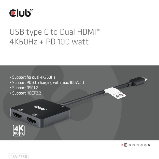 I/O HUB USB-C TO HDMI 2PORT/MST CSV-1558 CLUB3D