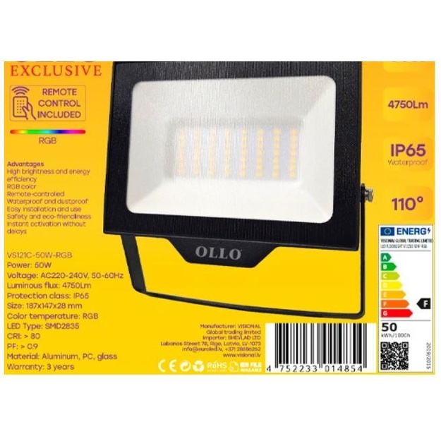 Lamp|OLLO|Power consumption 50 Watts|Luminous flux 4750 Lumen|AC220-240V|Beam angle 110 degrees|VS121C-50W-RGB