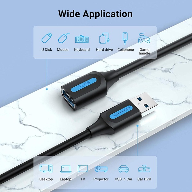 CABLE USB3.0 MALE TO FEMALE/2M BLACK CBHBH VENTION