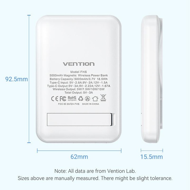 POWER BANK WRL 5000MAH 20W/MAGNETIC BLACK FHSB0 VENTION