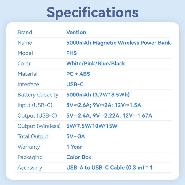POWER BANK WRL 5000MAH 20W/MAGNETIC BLACK FHSB0 VENTION