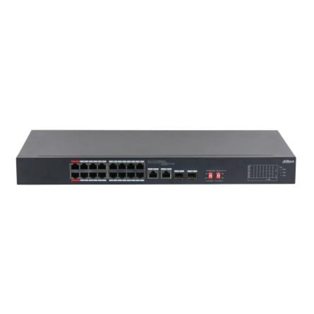 Switch|DAHUA|S3218-16ET-135|Switch type Unmanaged|Switch layer L2|Rack mounting Yes|Stackable Yes|Form factor 1U|16xRJ-45 ports|RJ-45 Ports Type Gigabit Ethernet (10/100/1000)|2xSFP module slots quantity|Power over Ethernet (PoE) Yes|2xPower over Ethernet