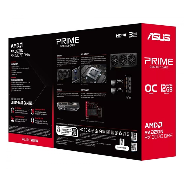 Graphics Card|ASUS|AMD|Radeon RX 9070 GRE|2280 MHz|12 GB|GDDR6|192 bit|PCI Express 5.0|Active|PRIME-RX9070GRE-O12G