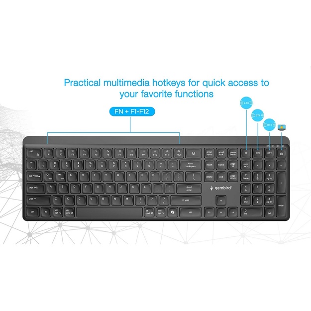 KEYBOARD WRL SLIM 2.4G+BT US/KB-WPS-03 GEMBIRD