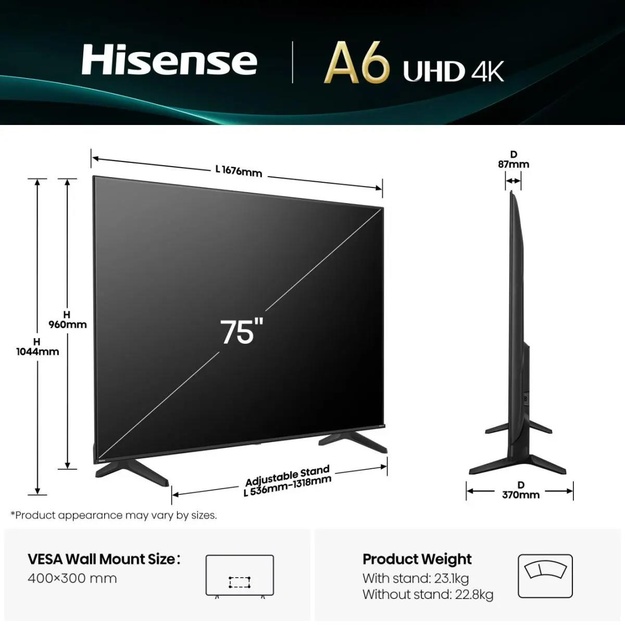 TV Set|HISENSE|75  |4K Ultra HD|3840 x 2160 pixels|Flat|16:9|75A69Q