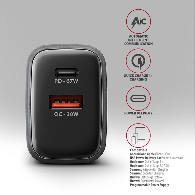 MOBILE CHARGER WALL USB 67W/GAN 2PORT ACU-PQ67 AXAGON