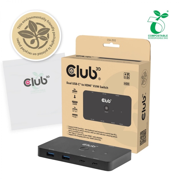 VIDEO SWITCH KVM USB-C TO HDMI/DUAL CSV-2512 CLUB3D