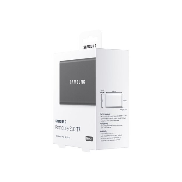 Išorinis kietasis diskas SSD |SAMSUNG|T7|500GB|USB 3.2|Write 1000 MBytes/sec|Read 1050 MBytes/sec|MU-PC500T/WW