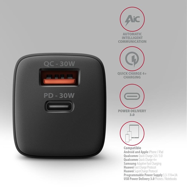 MOBILE CHARGER WALL USB 30W/2PORT BLACK ACU-PQ30 AXAGON