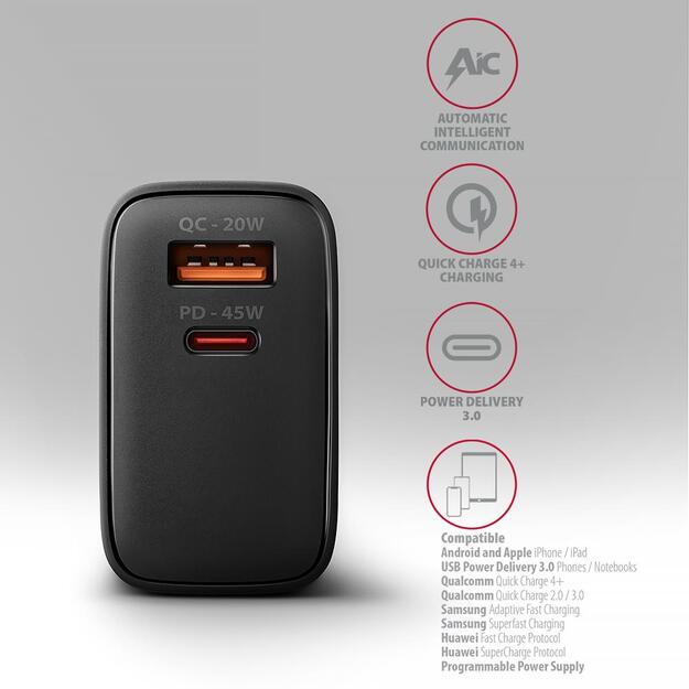 MOBILE CHARGER WALL USB 45W/GAN 2PORT ACU-PQ45 AXAGON 4