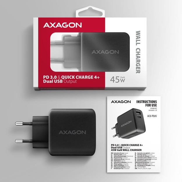 MOBILE CHARGER WALL USB 45W/GAN 2PORT ACU-PQ45 AXAGON