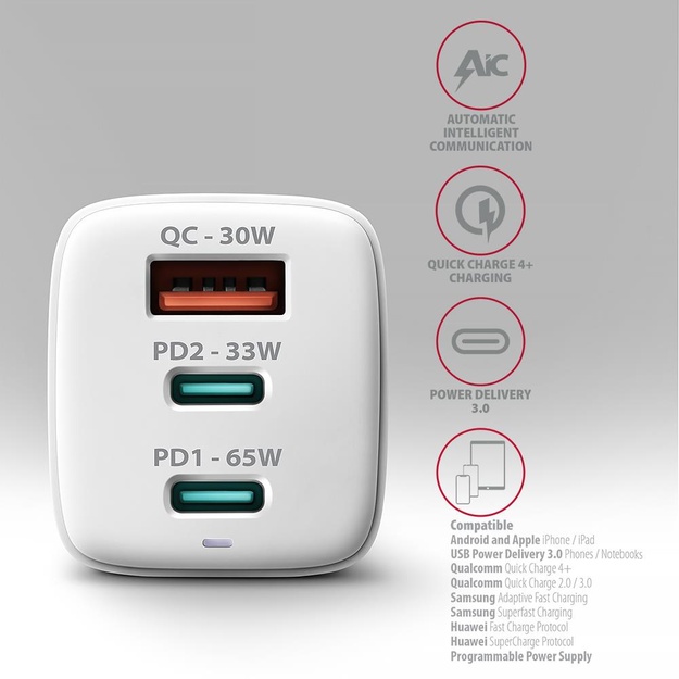 MOBILE CHARGER WALL USB 65W/GAN 3PORT ACU-DPQ65W AXAGON