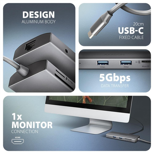 I/O HUB USB-C 9IN1 5GBPS/0.2M HMC-8HLSA AXAGON