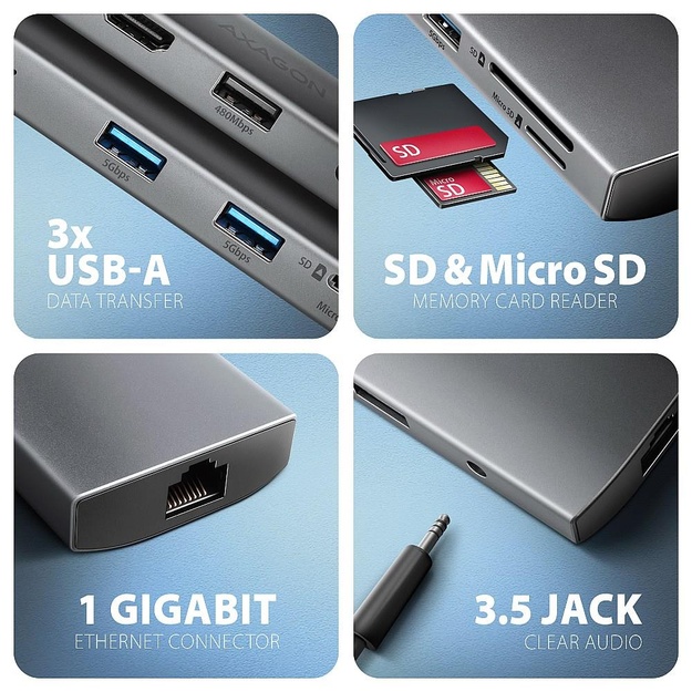 I/O HUB USB-C 9IN1 5GBPS/0.2M HMC-8HLSA AXAGON